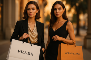 Professional photo: two chic women in designer clothes carrying luxury shopping bags, elegant poses, golden hour lighting, shallow depth of field, commercial photography, ultra-sharp, 8K, premium aesthetic